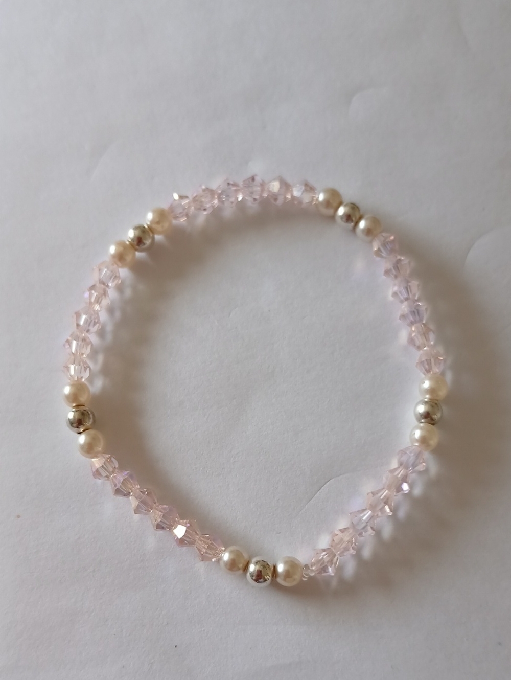 Delicate Pink Crystal Glass Sterling Silver 925 Pearl Beaded Bracelet